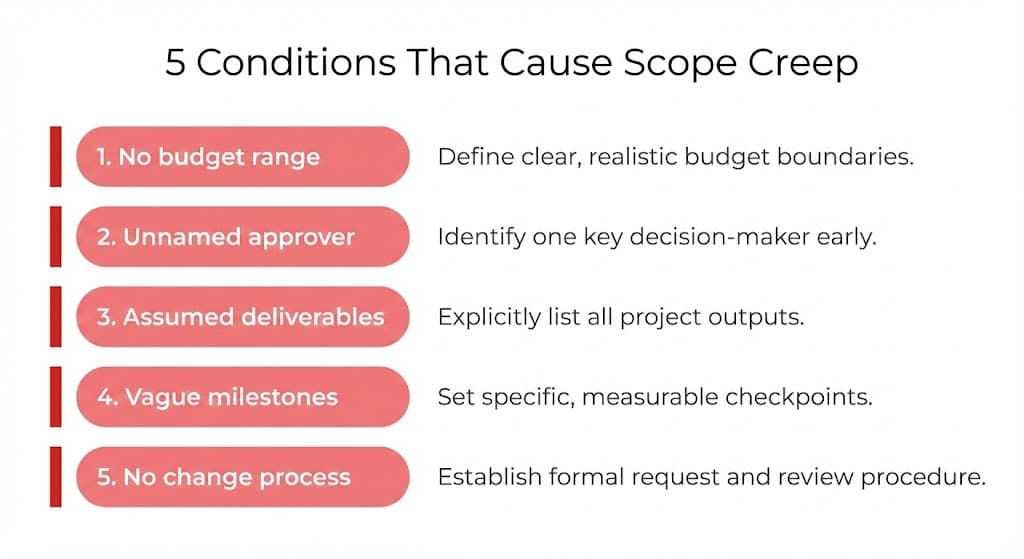5 conditions that cause scope creep: no budget range, unnamed approver, assumed deliverables, vague milestones, no change process