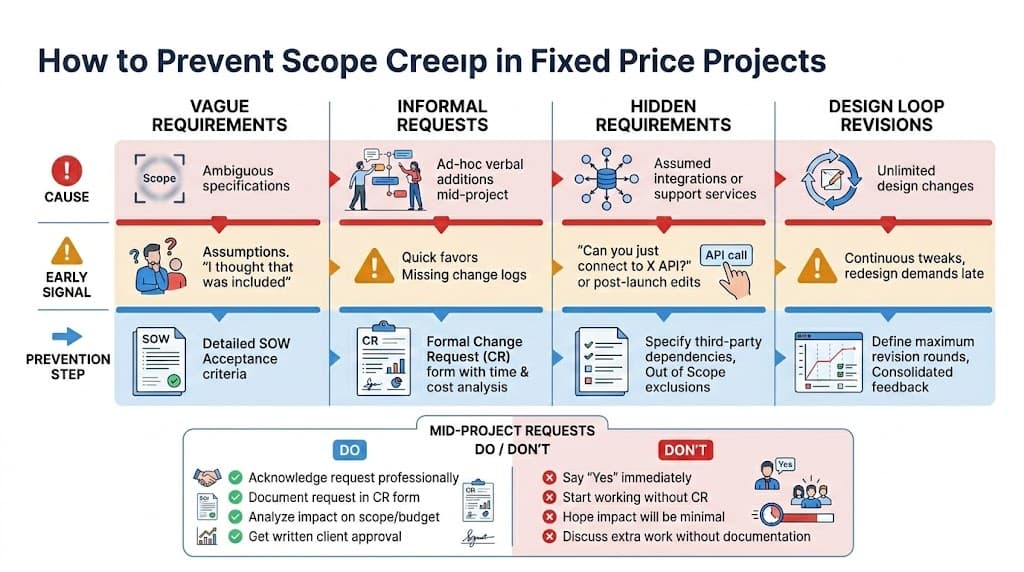 Fixed-price scope creep prevention matrix showing causes, early signals, prevention steps, and do versus do not actions