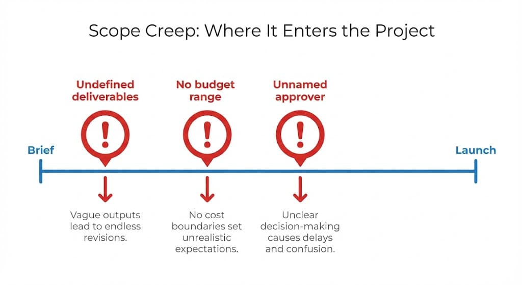 Scope creep entry points on the project timeline: undefined deliverables, no budget range, and unnamed approver all enter at the brief stage