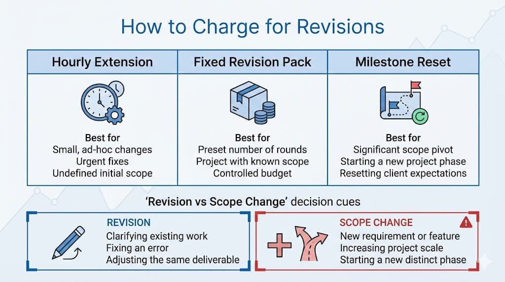Revision pricing models with hourly extension, fixed revision pack, milestone reset, plus revision versus scope change cues