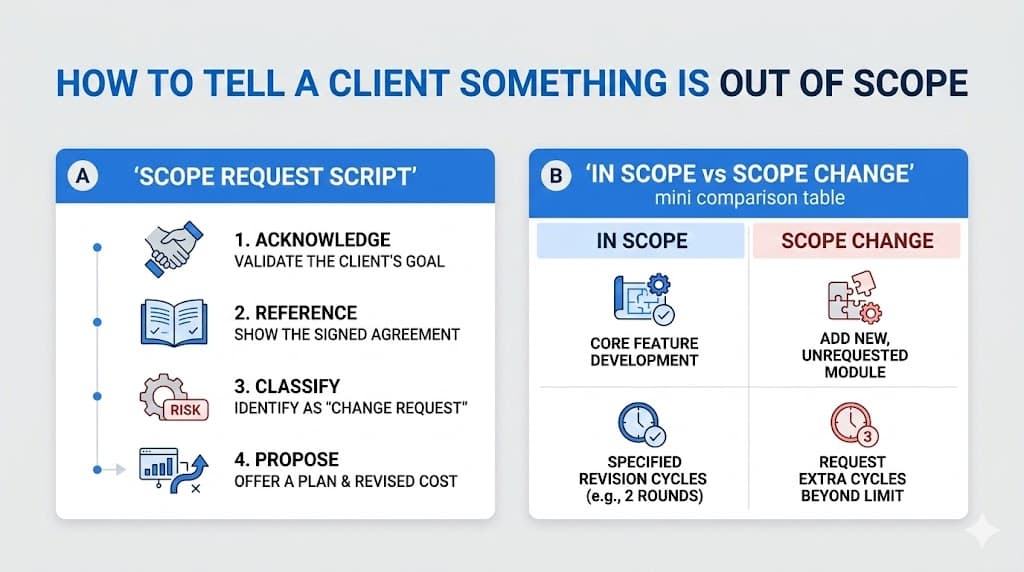 Out-of-scope request script with acknowledge, reference, classify, and propose steps plus in-scope versus scope change comparison