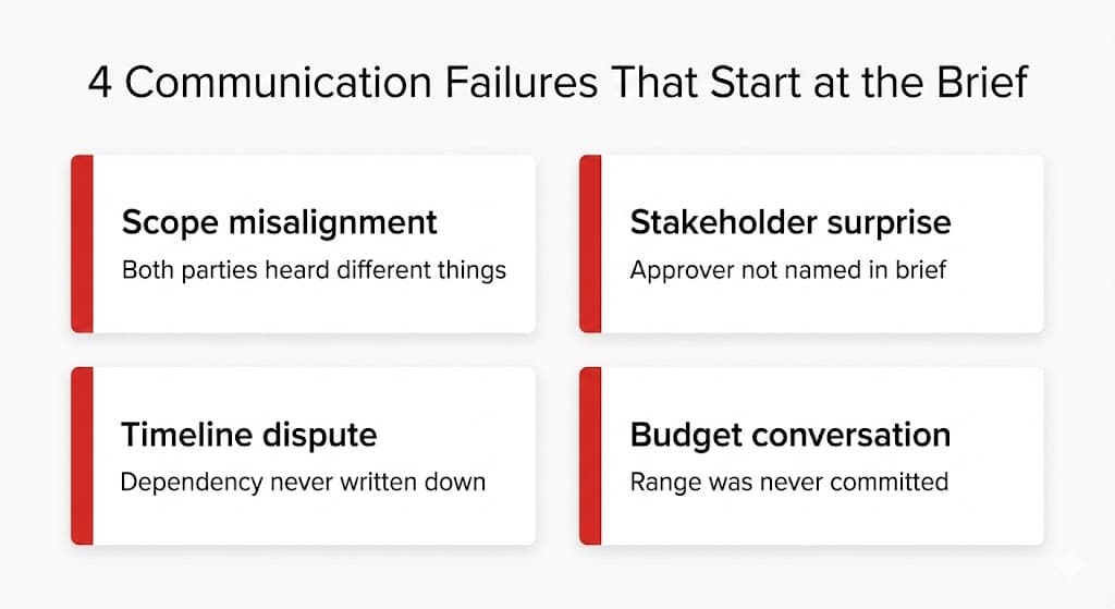 4 communication failures that start at the brief: scope misalignment, stakeholder surprise, timeline dispute, and budget conversation
