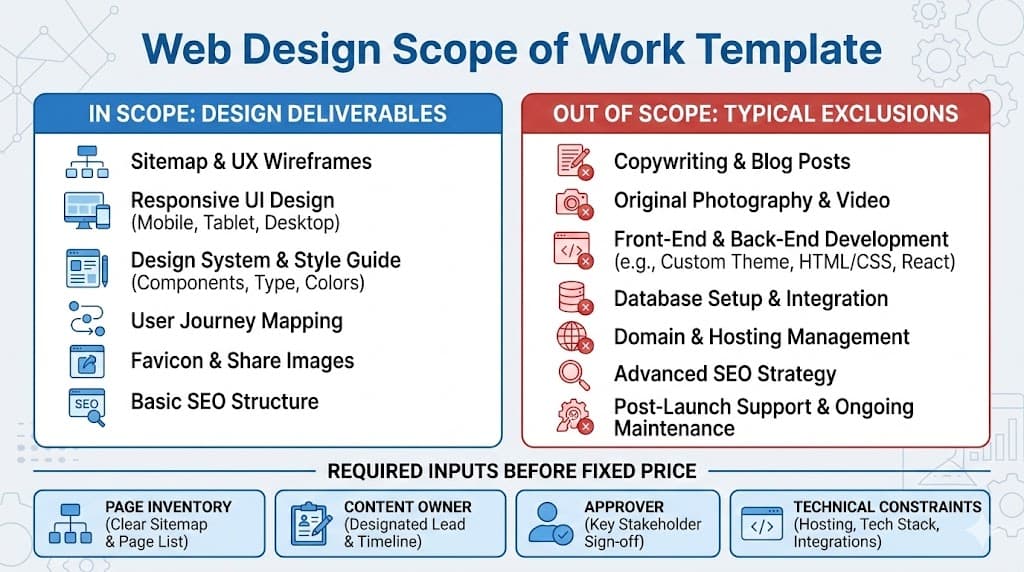 Web design scope of work with in-scope deliverables, out-of-scope exclusions, and required fixed-price inputs