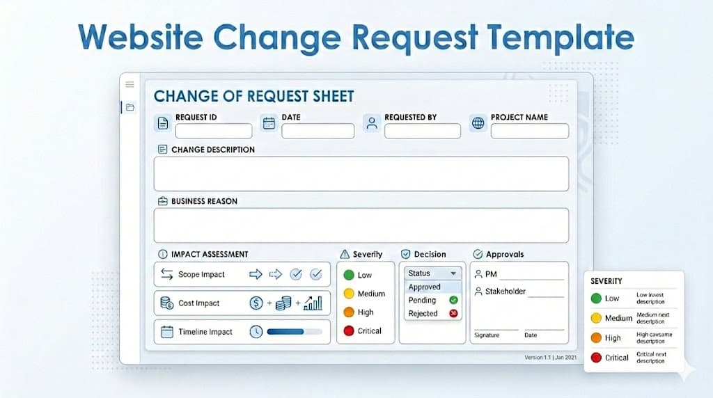 Website change request sheet showing fields for request details, impact assessment, severity, decision, and approvals
